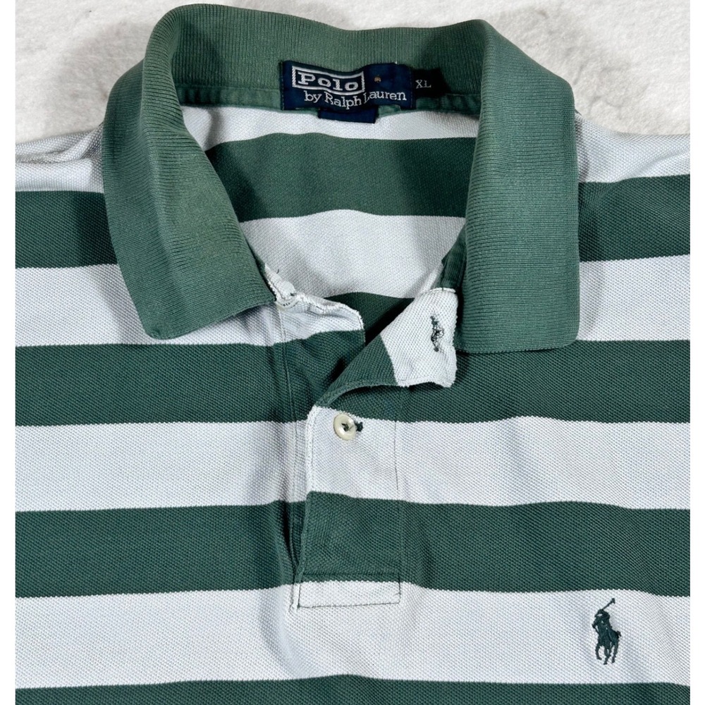 Polo Ralph Lauren Mens XL Striped Shirt Green Grey Short Sleeve Cotton Pique